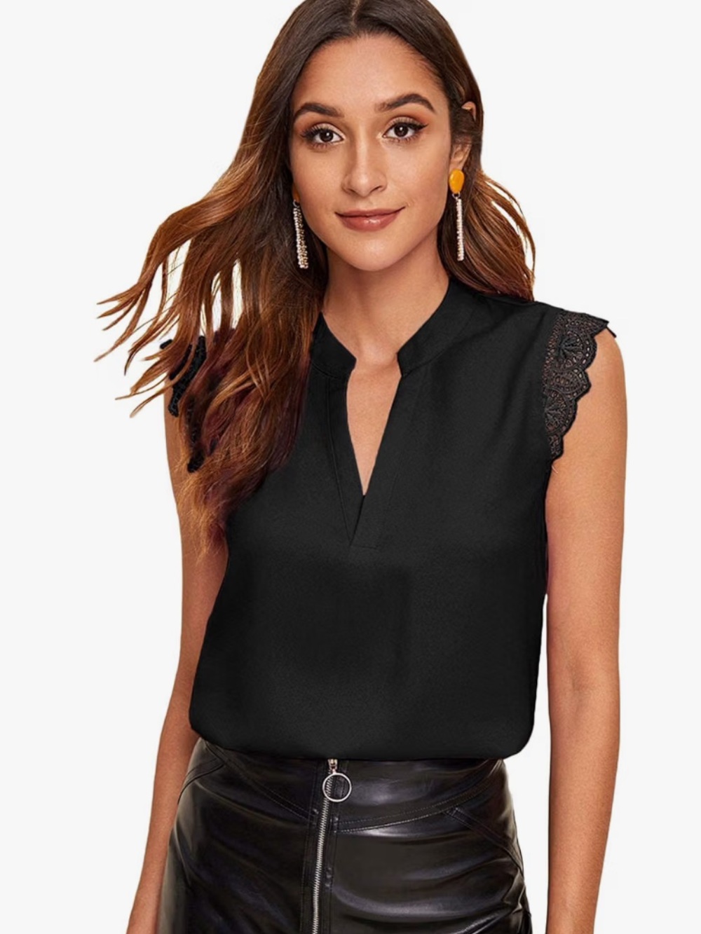Women’s Black Lace Cap-Sleeve V-Neck Top